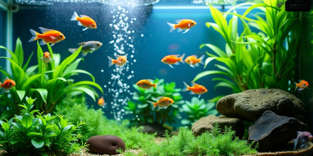 Aquarium mit bunten Fischen und grünen Pflanzen