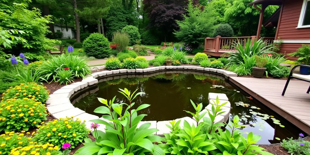 Hochteich im Garten mit Blumen und Holzterrasse