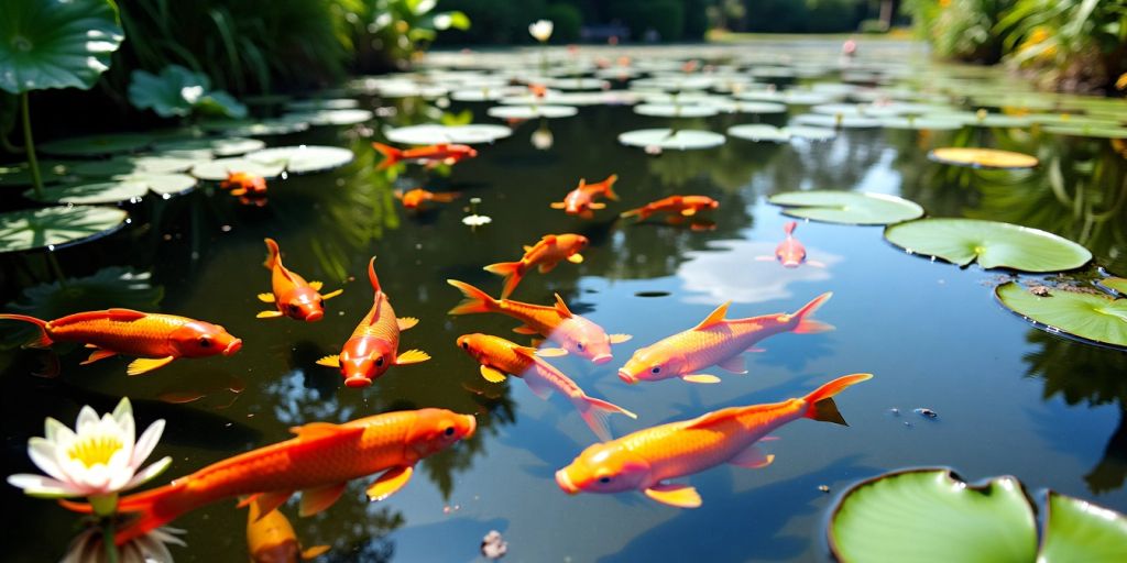 Teich mit bunten Aquariumfischen und Seerosen