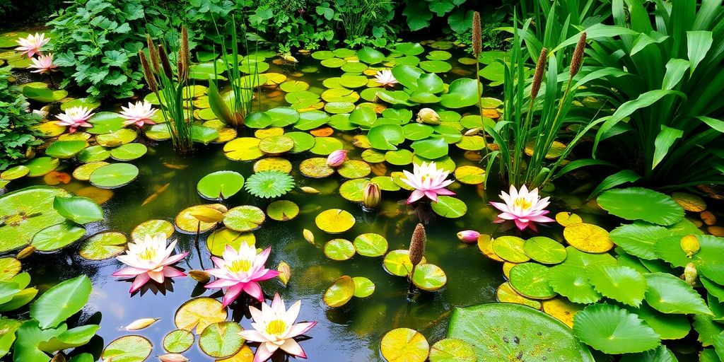 Bunte Wasserpflanzen im Gartenteich mit klarem Wasser.