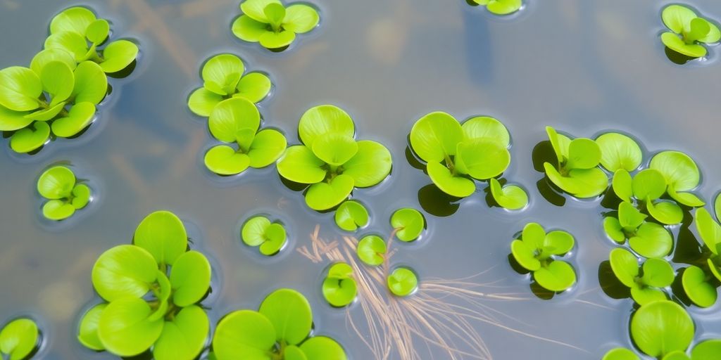 Nahaufnahme von Wassersalatpflanzen auf Wasser.