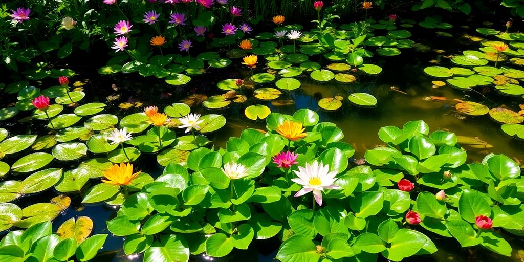 Bunte Wasserpflanzen in einem Teich mit klarem Wasser.