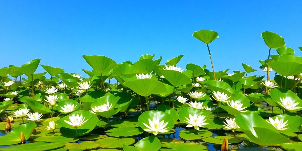 Verschiedene Wasserpflanzen in einem ruhigen Teich.