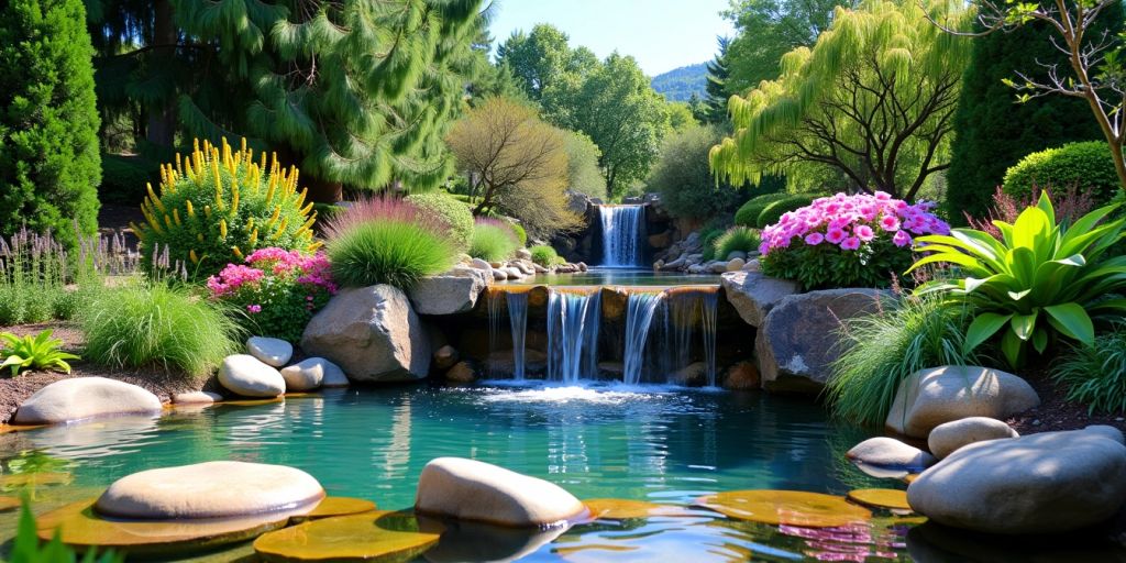 Gartenteich mit Wasserfall und bunten Blumen