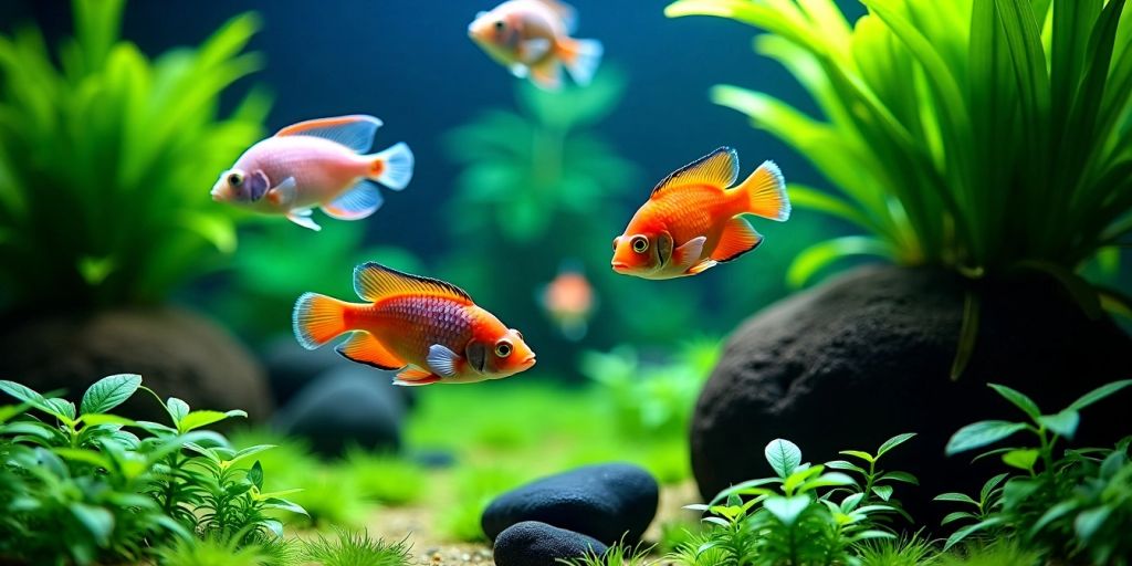 Beleuchtetes Aquarium mit Fischen und Pflanzen