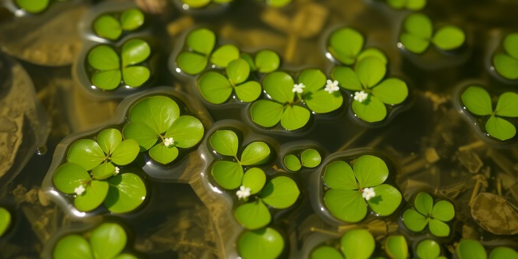 Nahaufnahme von Froschbissblättern auf Wasser.