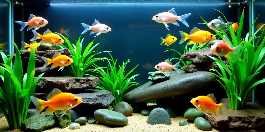 Aquarium mit bunten Fischen und Pflanzen